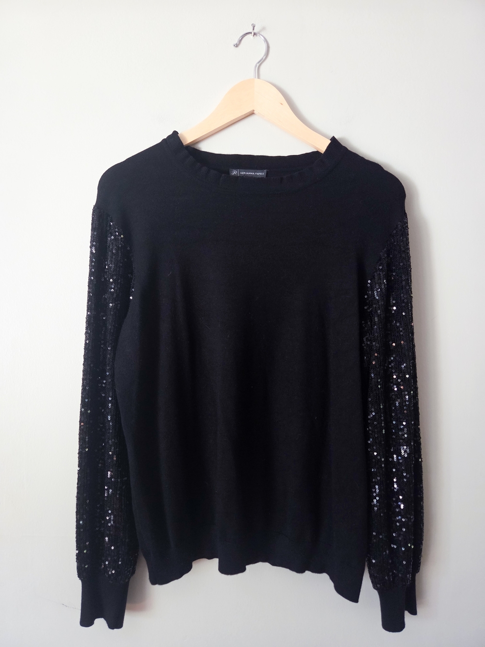 Adrianna Papell Black Crewneck Sweater with Sequin Sleeves - Picture 2 of 3
